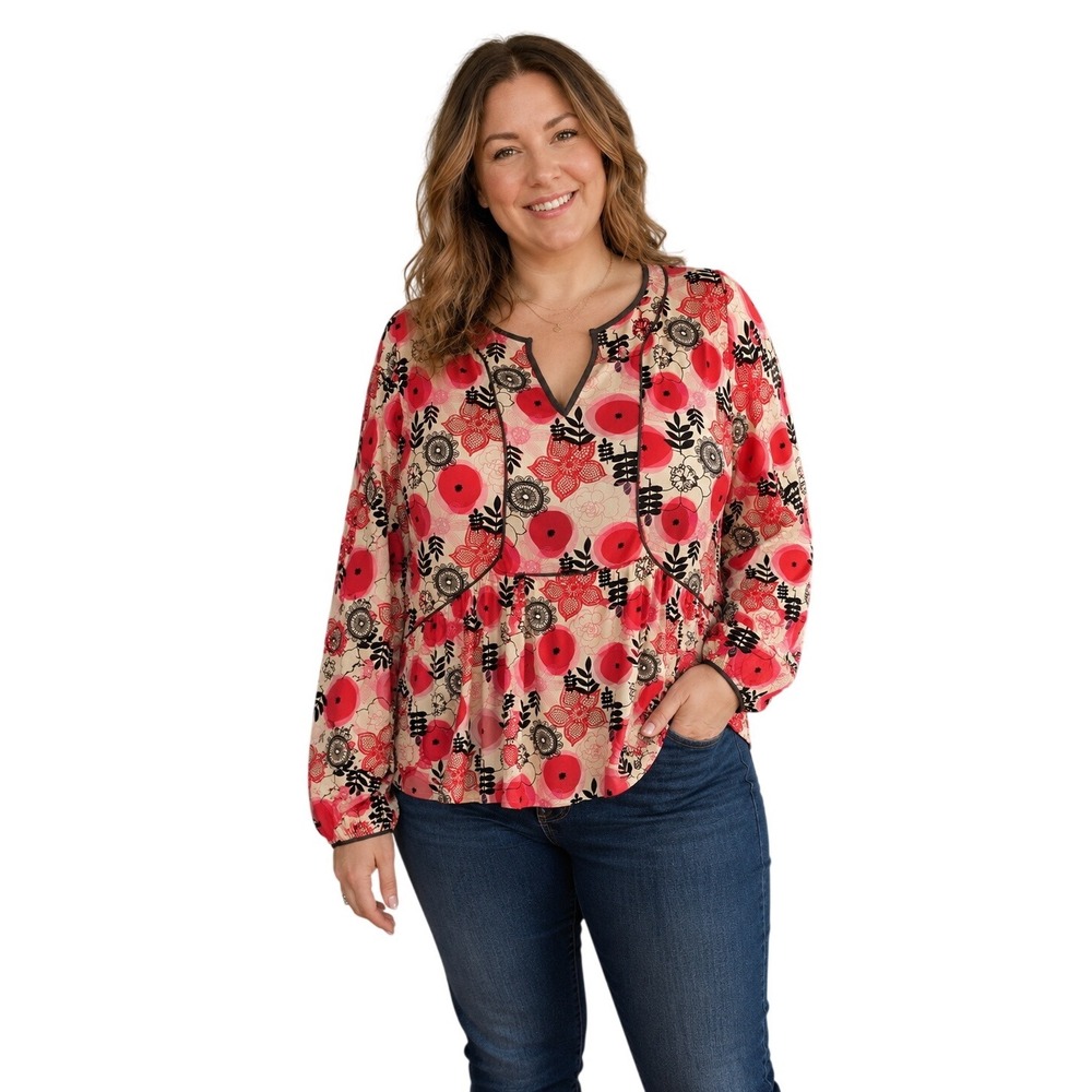 Matilda Jane Floral Babydoll Tunic Blouse Women 2XL Red Pink Long Sleeve Boho